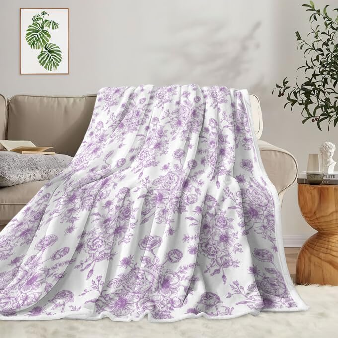 Floral Throw Blanket, Botanical Floral Blanket, Soft, Flannel, Warm, Boho Floral Bed Blanket All Season Flower Throw Blanket for Couch Bedroom Living Room, Purple 60X70 Inch