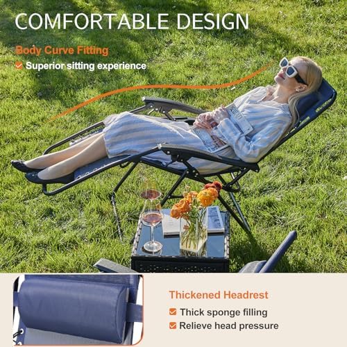 Sweetcrispy Zero Gravity Chairs, Set of 4 Portable Recliner Beach Camping Patio Outdoor Folding Lounge Chair with Cup Holder Trays and Adjustable Pillow for Poolside, Garden, Backyard, Lawn, Blue