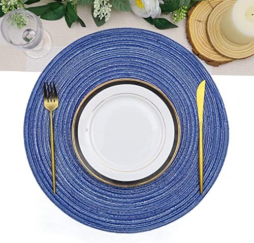 SHACOS Round Braided Placemats 15 inch Set of 6 Washable Kitchen Table Placemats for Home Wedding Party (Blue White, 6)
