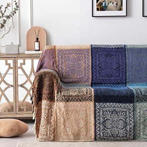 Boho Throw Blanket, Chenille Jacquard Tassels Throw Blankets for Bed Couch Sofa Chair，Bohemian Decor Couch Cover (Purple, Large 86 * 102Inches)