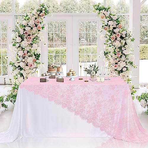 Pink Lace Tablecloth Table Fabric 6pcs 60x120 Inch for Vintage Boho Wedding