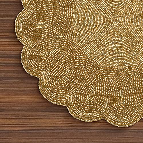 Lightnpro Decorative Beaded Placemats Set of 2 – 13 Inch Gold Round Scalloped Charger Mats, Elegant Handmade Artisan Gold Beaded Table Accessories Décor for Dining, Kitchen, Weddings & Parties