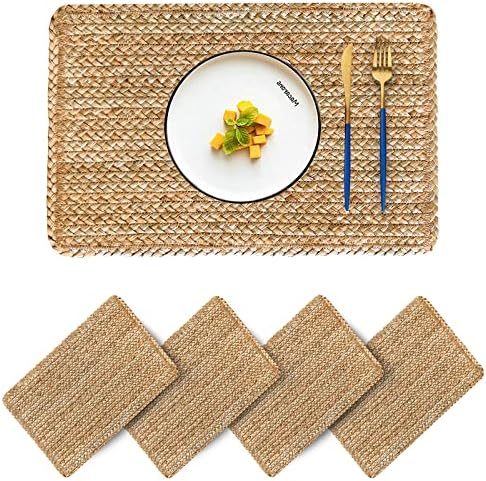 Woven Placemats Set of 4 Rattan Placemats Rectangle Natural Placemats Wicker Heavy Braided Straw Placemat Farmhouse Square Plates Place mats for Indoor/Outdoor Patio Table 17.7'' X 11.8''