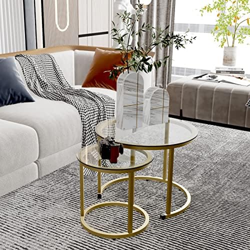 aboxoo Gold Nesting Coffee Table Set of 2, Small Glass Round Nesting Tables for Living Room Bedroom, Accent Tea Table with Metal Frame Modern Industrial Simple