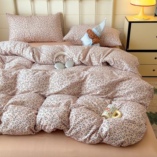 mixinni Light Brown Leopard Print Duvet Cover Set Twin Size, 3PCs Cute Animal Cheetah Bedding, 100% Cotton Double Gauze Soft Aesthetic Retro Pink Black Bedding Set with 2 Pillowcases for Girls Women