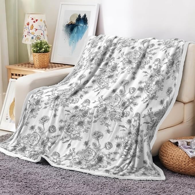 Floral Throw Blanket, Botanical Floral Blanket, Soft, Flannel, Warm, Boho Floral Bed Blanket All Season Flower Throw Blanket for Couch Bedroom Living Room, Gray 60X80 Inch