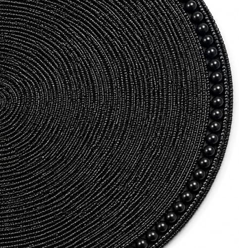 13" Round Glass Beaded Placemats - 2 Pack Table Mats Chargers for Dinner Plates, Plate Chargers Boho Luxurious Elegant Décor for Dining Table, Events & Parties (Black)