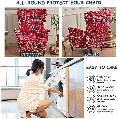 HAOYONG Christmas Stretch Wingback Chair Cover 2 Pieces Wing Chair Slipcover Printed Wingback Armhair Slipcover Wingback Washable Sofa Covers Christmas Decoration Furniture Protector for Armchair
