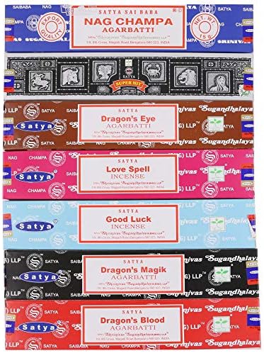 Satya Incense Sticks Gift Set, 7 Scents, Nag Champa, Super Hit, Dragon's Blood, Sandalwood, Patchouli, Lavender, Positive Vibes, 15g Each (Magic Mix)