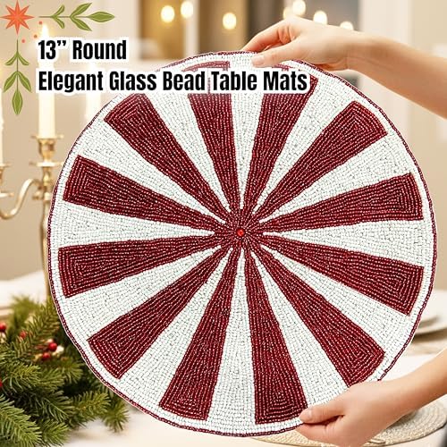 Alpha Living Home Beaded Placemats, Set of 2, 13 in Round, Red & White