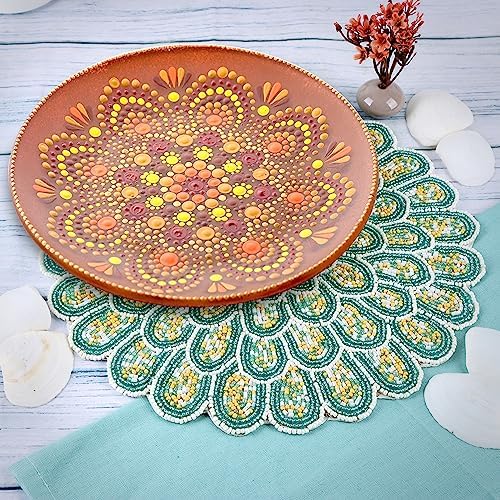 ALPHA Living HOME Beaded Placemats 13 Inch Green White Round Table Mats