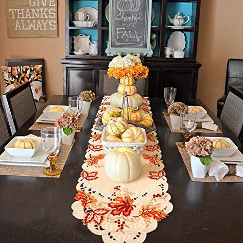 Embroidered Fall Table Runner 15x67In, Maple Leaf Thanksgiving Table Runner