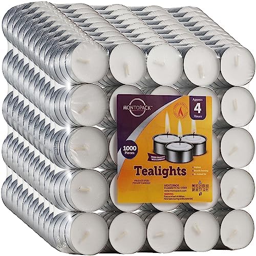 MontoPack Unscented Tea Light Candles Bulk 1000 Pack | 4 Hours, White,Smokeless,Dripless Small Votive Paraffin Tealights | Long-Lasting for Home, Shabbat, Weddings, Events, Emergencies | Mini Candles