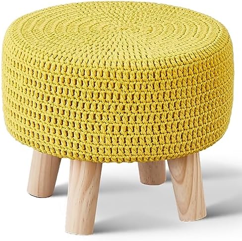 Wimarsbon Small Ottomans, 100% Hand Knitted Pouf, Round Footrest with 4 Non-Skid Wood Legs, Boho Décor Cotton Rope Pouffe Beside Sofa, Leisure Floor Step Chair for Living Room (Yellow)