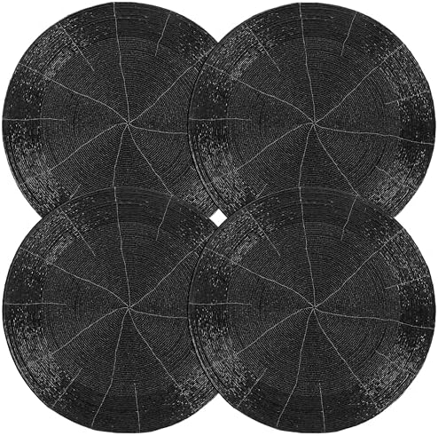 Round Beaded Placemats Set of 4 13 Inch Jet Black Handmade Glass Chargers