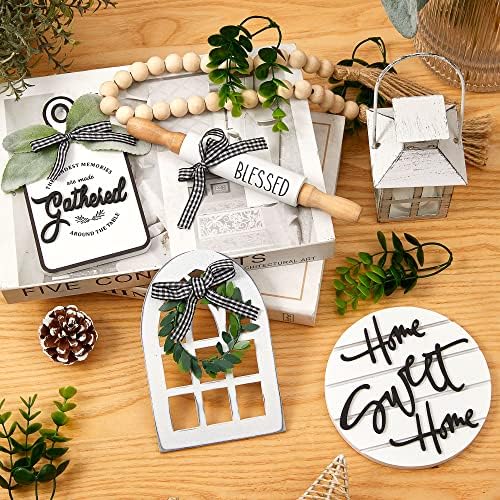 Houmury Set of 17 Farmhouse Tiered Tray with 1 Lantern Artificial Plant& Cutting Board Sign for Rustic Home Sweet Home Kitchen Decor Tier Tray Decor Set