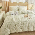 HighBuy 3 Pieces Duvet Cover Full Size White Duvet Cover with Green Floral Print,Coquette Soft Comforter Cover Boho Style,Aesthetic Full Bedding Set with Zipper Closure 4 Ties,All Season