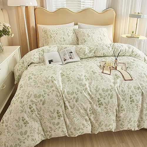 HighBuy 3 Pieces Duvet Cover Full Size White Duvet Cover with Green Floral Print,Coquette Soft Comforter Cover Boho Style,Aesthetic Full Bedding Set with Zipper Closure 4 Ties,All Season