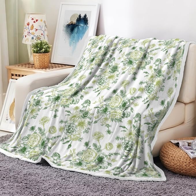 Green Floral Throw Blanket, Botanical Floral Blanket, Soft, Flannel, Warm, Boho Floral Bed Blanket All Season Floral Throw Blanket for Couch Bedroom Living Room 60X80 Inch