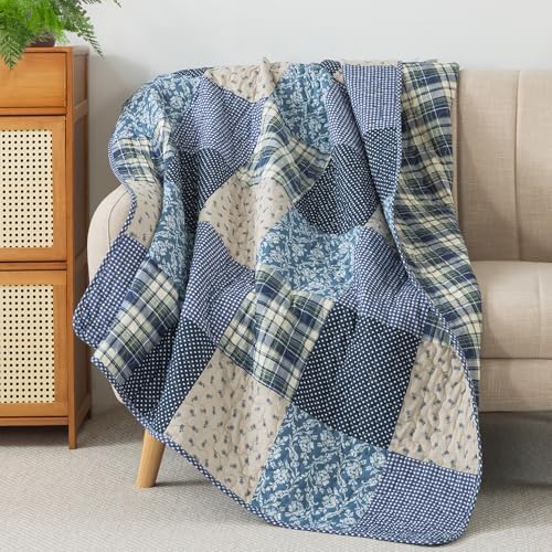 SLPR - Cotton Quilted Throw Blanket, 50" x 60" Blue Patchwork Lap Quilt