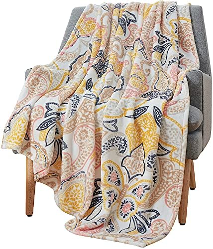 Soft Fleece Throw Blanket, Bohemian Boho Yellow Floral Paisley, 50x70