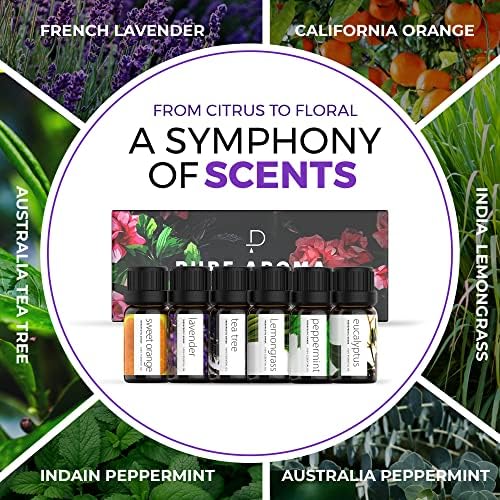 Pure Aroma Essential Oils Aromatherapy Set - 6 x 10ML Oils for Diffusers, Home Care, Candle Making Scents, Fragrance, Humidifiers, Gifts - Peppermint, Tea Tree, Lavender, Eucalyptus, Orange