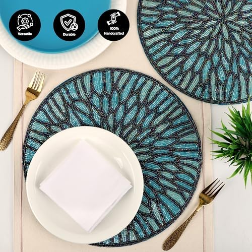 ALPHA Living HOME Beaded Placemats Set of 2, 13 Inch Blue Black Round