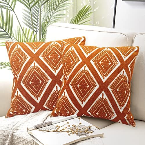 Alysheer Boho Embroidered Throw Pillow Cover 18"x18" Set of 2, Burnt Orange