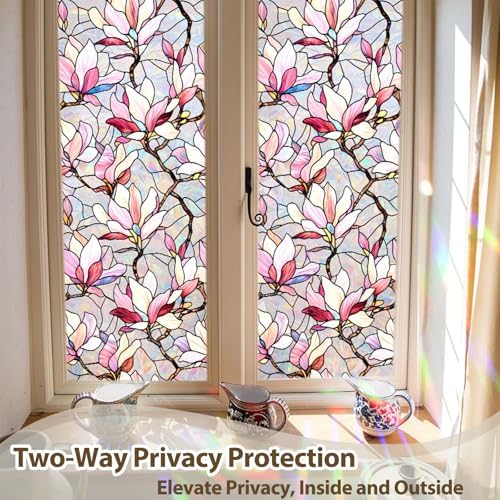 Magnolia Window Privacy Film,Static Stained Glass Cling17.5"x 78.7"