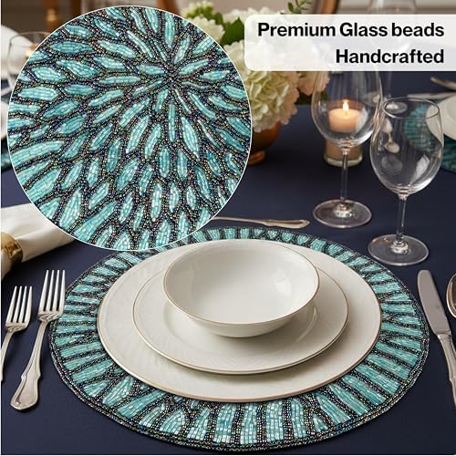 ALPHA Living HOME Beaded Placemats Set of 2, 13 Inch Blue Black Round