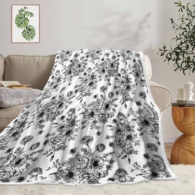 Floral Throw Blanket, Botanical Floral Blanket, Soft, Flannel, Warm, Boho Floral Bed Blanket All Season Flower Throw Blanket for Couch Bedroom Living Room, Black 60X70 Inch
