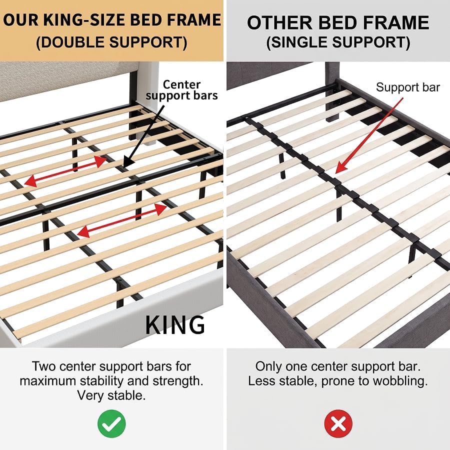 King 54" Tall Headboard Wingback Upholstered Platform Bed Frame Upholstered Bed Frames with Black Wooden Legs No Box Spring Needed Sturdy Metal Frame with Wooden Slats Easy Assembly Beige