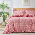 Gingham Duvet Cover Twin Size, 2 Pieces Soft Breathable Microfiber Plaid Duvet Cover with Zipper Closure & 1 Pillow Shams, Ruffle Farmhouse Vintage Decor, Red