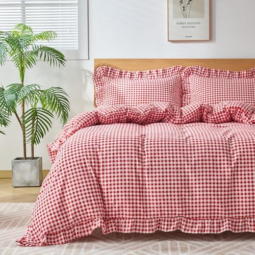 Gingham Duvet Cover Twin Size, 2 Pieces Soft Breathable Microfiber Plaid Duvet Cover with Zipper Closure & 1 Pillow Shams, Ruffle Farmhouse Vintage Decor, Red