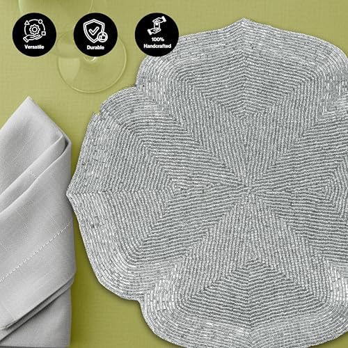 ALPHA Living HOME Silver Beaded Placemats Set of 2 Handmade Dining Mat Pair