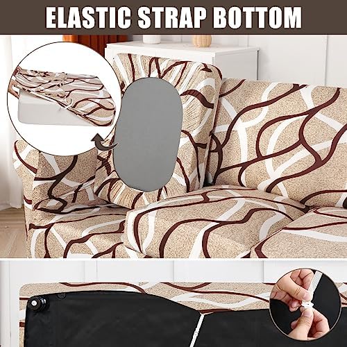 SearchI Stretch Sofa Cover Printed Couch Cover, Floral Pattern 4 Pieces Sofa Slipcover with 3 Separate Cushion Cover, Washable Furniture Protector for Living Room(Sofa, Khaki)