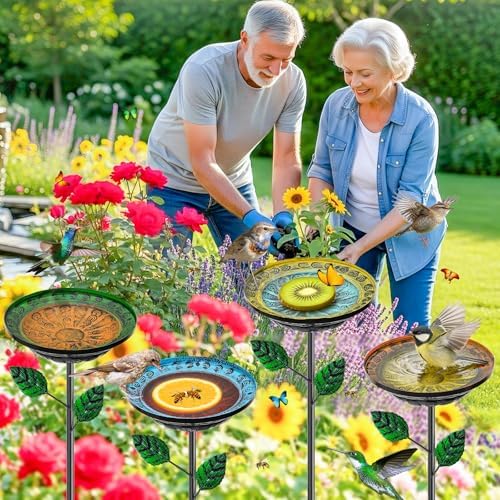 4 Pack Bird Bath for Outside, Garden Birdbath & Feeder Bowl with Stakes