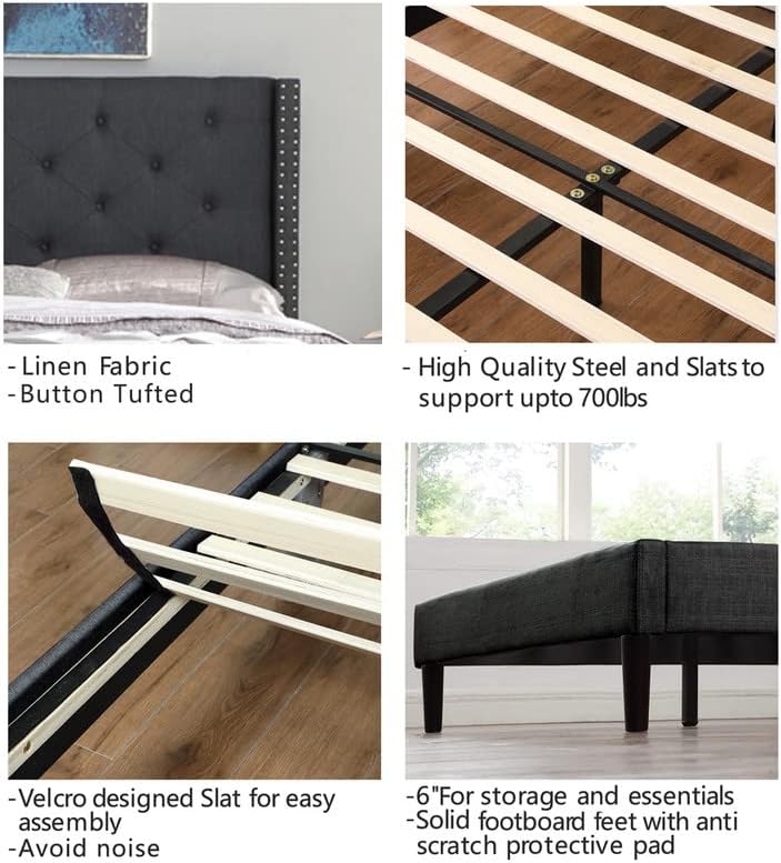 King Upholstered Platform Bed Frame with 51" Tall Headboard - Button Tufted Cloth Bed - Wood Slat Support with Storage Space - No Box Spring Needed - Easy Assembly - Blue - Oliver & Smith - Astor