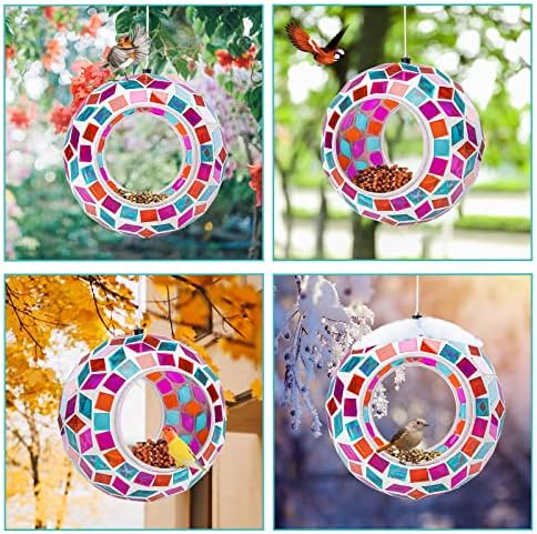 Yinns Glass Bird Feeder Outside, Hanging Mosaic Birdfeeder for Garden Decor