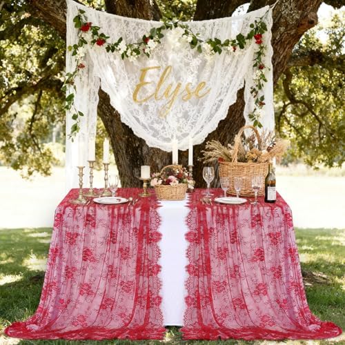 LuoluoHouse Red Lace Tablecloth 6pcs Rose Floral Table Fabric 60x120 Inch