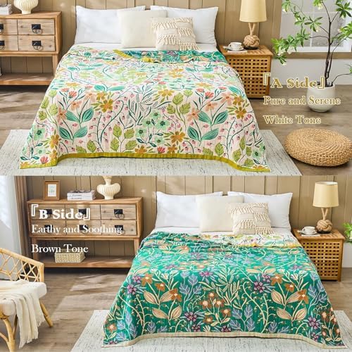 XIBLC Boho Throw Blanket 100% Cotton Vintage Blanket Muslin Woven Flower Decorative Throw Blankets All Season Bohemian Rustic Farmhouse Decor Quilt for Bed (Beige 60"x80")