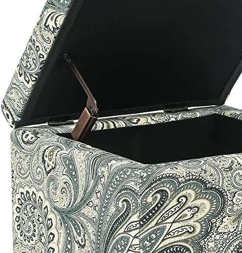 Adeco 18" Cube Storage Ottoman in Blue Paisley, Upholstered Linen Foot Stool & Accent Chair for Entryway, Vanity or Small Spaces