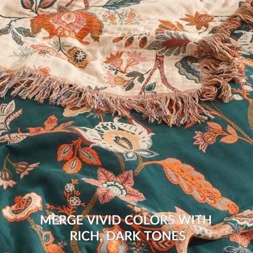 Bailix Boho Throw Blanket, 100% Cotton, Woven Floral Pattern, 80"x90"