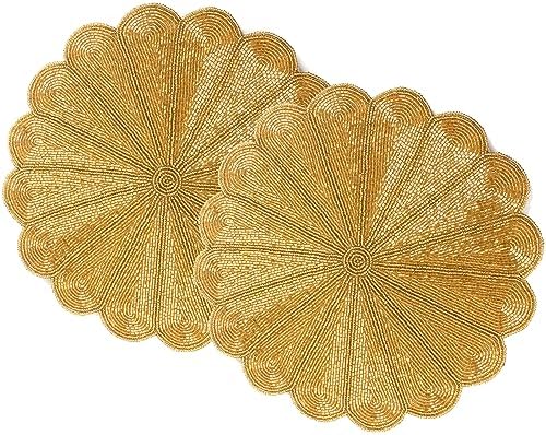 CLEENTABLE Gold Round Beaded Placemats, 13in Glass Bead Table Mats, 2-Pack