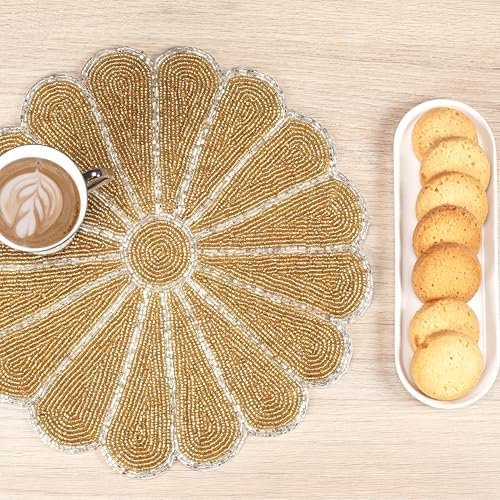 ALPHA Living HOME 2-Pack Round Placemats, Glass Beads, Gold Silver, 13 Inch