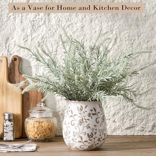 Utensil Holder for Kitchen Counter, Modern Farmhouse Cooking Utensil Holder and Crock Home Kitchen Decor, Ceramic Utensil Organizer for Spatula, Ladle, Eggbeater, Rolling Pin- Brown Flower Patterns