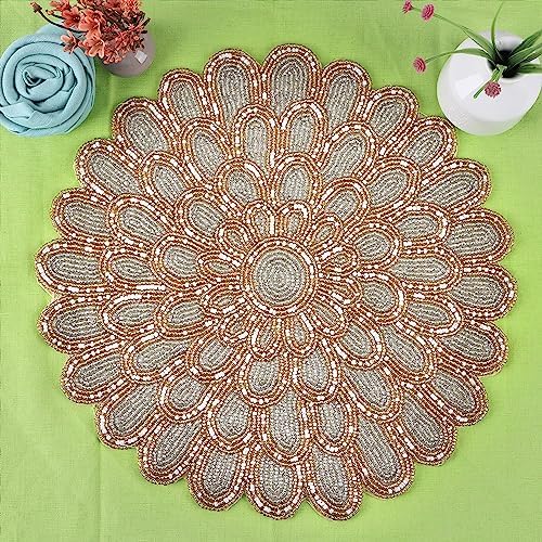 ALPHA Living HOME Beaded Placemats 13 Inch Ivory Gold Round Table Chargers
