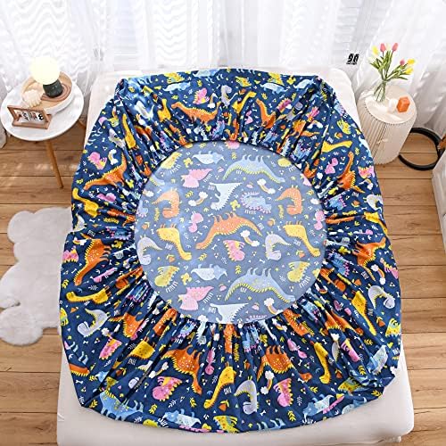 2 Pack Bedding Fitted Sheet with Deep Pocket,Dino Printed Fabric Bed Sheets(Navy Blue(Dinosaur),Twin Pack of 2)