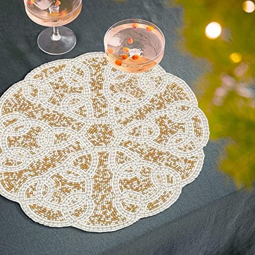 CLEENTABLE Gold Round Beaded Placemat, 13 in, Dining Table Mat