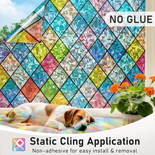 Sunbaby Stained Glass Winodw Film, Rainbow Lattice Stickers, 29.5"x78.7"